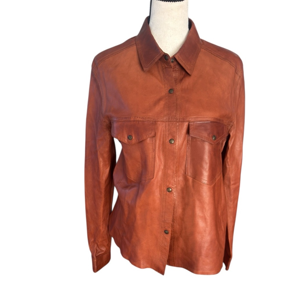 Mes Demoiselles brown leather snap front button down shirt sz.38